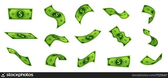 Cartoon falling money bills. Flying green dollar bill, 3d cash and usd currency. American money float banknotes, banking finance investment or jackpot win. Isolated vector symbols set. Cartoon falling money bills. Flying green dollar bill, 3d cash and usd currency vector set