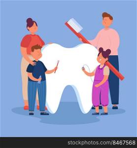 Cartoon family caring about giant tooth. Flat vector illustration. Happy mother, father, son and daughter brushing big white molar. Family, oral cavity care, hygiene, stomatology concept for design