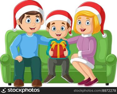 Cartoon family celebrating christmas and sitting on the sofa