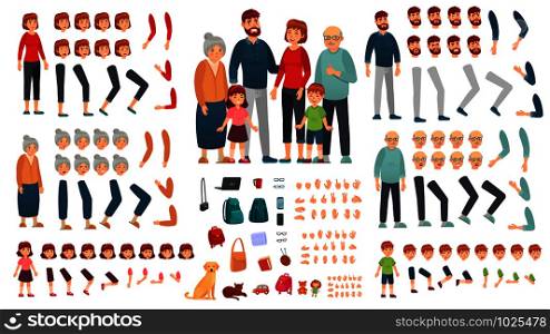 Cartoon family creation kit. Parents, children and grandparents characters constructor. Big family, mascot emotions, body gesture and hairstyle. Isolated vector illustration symbols set. Cartoon family creation kit. Parents, children and grandparents characters constructor. Big family vector illustration set