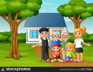 Cartoon family in front of the house yard 