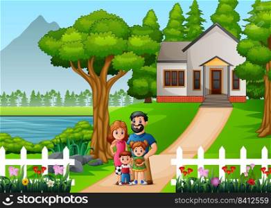 Cartoon family in front of the house yard 