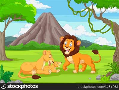 Cartoon family lion in the jungle