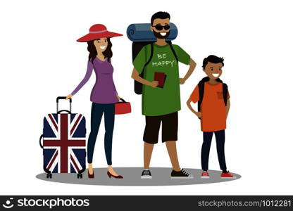 Cartoon family of tourists with suitcase and backpack,isolated on white background,Flat vector illustration. Cartoon family of tourists with suitcase and backpack