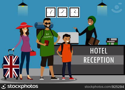 Cartoon family of tourists with suitcases and Young arabic woman receptionist in hijab stands at reception desk. Travel, hospitality, hotel booking concept.Flat vector illustration. Cartoon family of tourists with suitcases and Young arabic woman