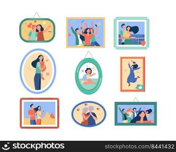 Cartoon family photo frames isolated flat vector illustration. Framed portraits and pictures of happy people on wall. Decor, dynasty and generation concept