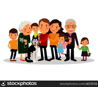 Cartoon family portrait. Big family together. Vector illustration. Cartoon family portrait