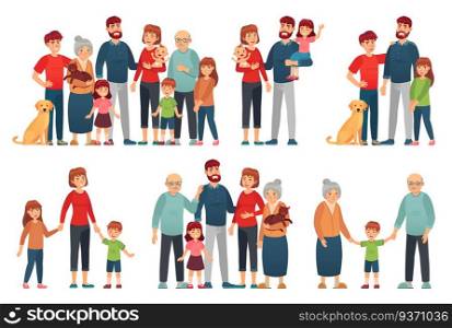 Cartoon family portraits. Happy parents and children portrait, old grandmother and grandfather. Big family, senior and teenager generations families together. Isolated vector illustration icons set. Cartoon family portraits. Happy parents and children portrait, old grandmother and grandfather. Big family vector illustration set