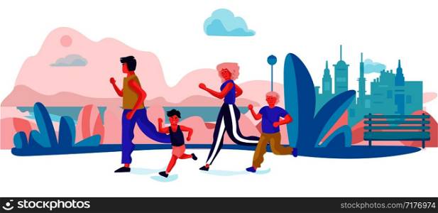 Cartoon family running in park. Parents and children doing exercises sport activities on holidays. Vector together fun and happy run family trendy scene. Cartoon family running in park. Parents and children doing exercises sport activities on holidays. Vector happy family trendy scene