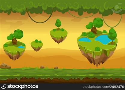 Cartoon fantastic forest landscape. Nature panorama for game, liana and covering grass, landscape game. Vector illustration. Cartoon fantastic forest landscape