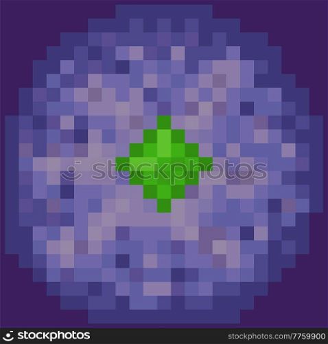 Cartoon fantastic planet on dark purple background. Cosmic object solar system astronomical element. Planet for pixel game about space with green crystal inside. Celestial body in orbit in space. Planet for pixel game about space with green crystal inside. Celestial cosmic body in orbit