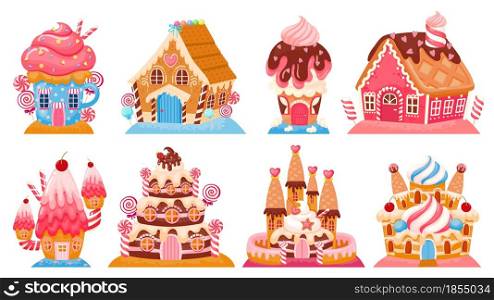 Cartoon fantasy candy houses and fairy tale sweet castles. Dreamland cake buildings. Chocolate, gingerbread and ice cream house vector set. Dessert homes with glaze, topping and cream