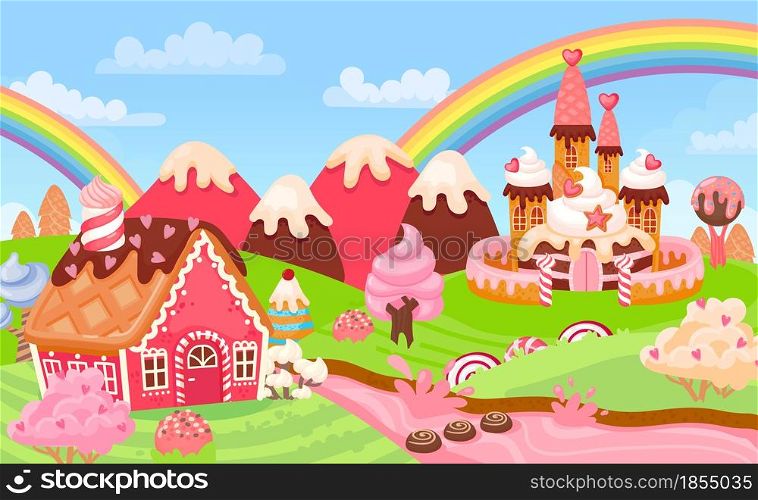 Cartoon fantasy candy land landscape with sweet castle. Fairytale kingdom gingerbread houses, ice cream trees and milk river vector scene. Tasty baked home, creamy hills and rainbow