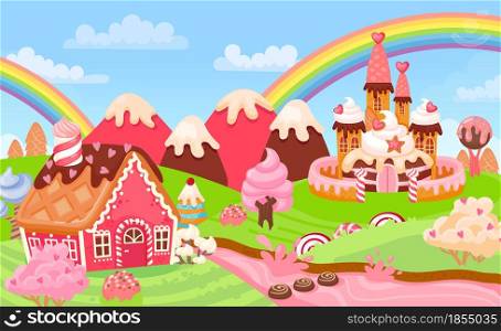Cartoon fantasy candy land landscape with sweet castle. Fairytale kingdom gingerbread houses, ice cream trees and milk river vector scene. Tasty baked home, creamy hills and rainbow