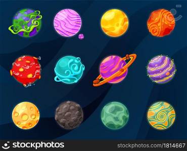 Cartoon fantasy planets. Space planet, slime or jelly satellites in universe. Game galaxy objects, funny cosmic elements recent vector set. Fantasy galaxy space, flight planets for gui illustration. Cartoon fantasy planets. Space planet, slime or jelly satellites in universe. Game galaxy objects, funny cosmic elements recent vector set