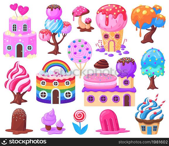 Cartoon fantasy sweet candy land landscape game elements. Sweets caramel, fairytale candy houses, lollipops, candy trees vector illustration set. Fantasy sweet world. Fantasy candy land dessert. Cartoon fantasy sweet candy land landscape game elements. Sweets caramel, fairytale candy houses, lollipops, candy trees vector illustration set. Fantasy sweet world objects