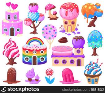 Cartoon fantasy sweet candy land landscape game elements. Sweets caramel, fairytale candy houses, lollipops, candy trees vector illustration set. Fantasy sweet world. Fantasy candy land dessert. Cartoon fantasy sweet candy land landscape game elements. Sweets caramel, fairytale candy houses, lollipops, candy trees vector illustration set. Fantasy sweet world objects