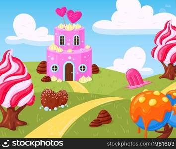 Cartoon fantasy sweet candy land landscape mobile game elements. Sweets fairy landscape, candy world game location vector illustration set. Sweet world game background. Fantasy sweet landscape. Cartoon fantasy sweet candy land landscape mobile game elements. Sweets fairy landscape, candy world game location vector illustration set. Sweet world game background