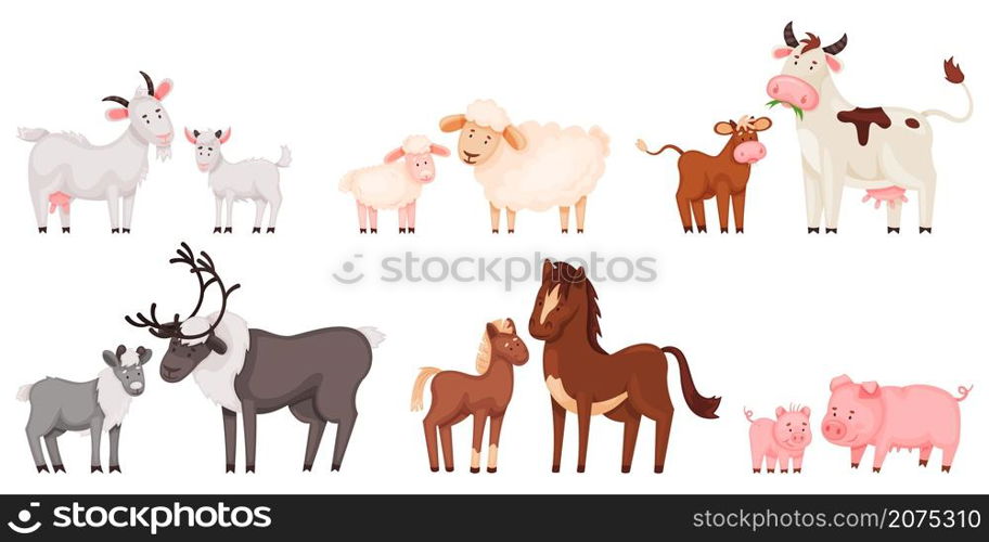 Cartoon farm animal family, cute baby animals and their mothers. Mother pig with little piglet, sheep and lamb, cow and calf vector set. Adorable wild and domestic children and parents