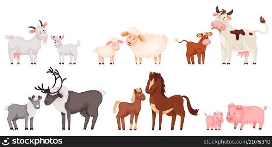 Cartoon farm animal family, cute baby animals and their mothers. Mother pig with little piglet, sheep and lamb, cow and calf vector set. Adorable wild and domestic children and parents