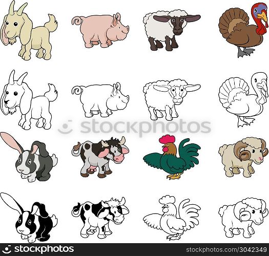 Cartoon Farm Animal Illustrations. A set of cartoon farm animal illustrations. Color and black an white outline versions.. Cartoon Farm Animal Illustrations