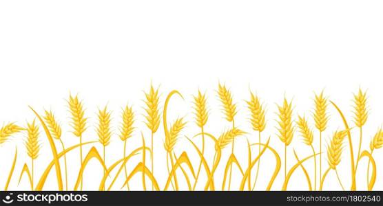 Cartoon farm field background with golden wheat spikes. Agriculture cereal crop ears. Rural scene with grain harvest vector border pattern. Illustration of golden wheat grain, harvest food. Cartoon farm field background with golden wheat spikes. Agriculture cereal crop ears. Rural scene with grain harvest vector border pattern