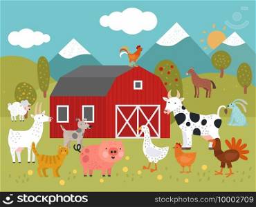 Cartoon farm. Goat, cat and pig, goose and chicken, cow and dog, turkey and rabbit farm building vector illustration. Chicken and goose, cow and pig, farm barnyard. Cartoon farm. Goat, cat and pig, goose and chicken, cow and dog, turkey and rabbit farm building vector illustration