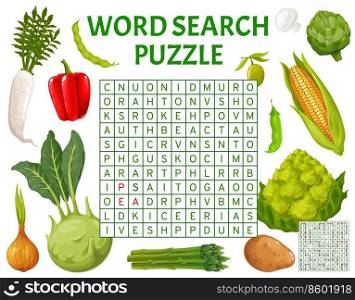 Cartoon farm raw vegetables word search puzzle game worksheet. Vector crossword quiz grid with corn, artichoke, onion, potato, mushroom and kohlrabi, olive, pea and radish, romanesco, pepper or bean. Cartoon farm vegetables, word search puzzle game