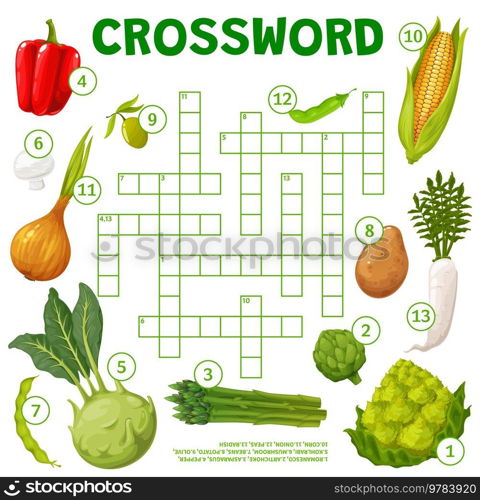 Cartoon farm vegetables crossword puzzle worksheet. Find a word quiz game, children playing activity or kids vocabulary puzzle vector book page template. Children intelligence riddle game with veggies. cartoon farm vegetables crossword puzzle worksheet
