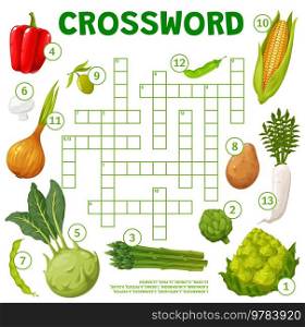 Cartoon farm vegetables crossword puzzle worksheet. Find a word quiz game, children playing activity or kids vocabulary puzzle vector book page template. Children intelligence riddle game with veggies. cartoon farm vegetables crossword puzzle worksheet