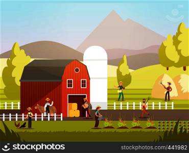 Cartoon farm with farmers, farm animals and equipment vector illustration. Farm agriculture and farmer, rural farming and landscape. Cartoon farm with farmers, farm animals and equipment vector illustration