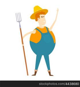 Cartoon farmer. Illustration of a cheerful farmer with a pitchfork on a white background. &#xA;Stock vector illustration