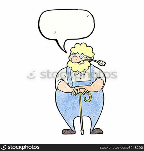 cartoon farmer leaning on walking stick with speech bubble