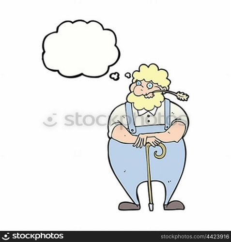 cartoon farmer leaning on walking stick with thought bubble