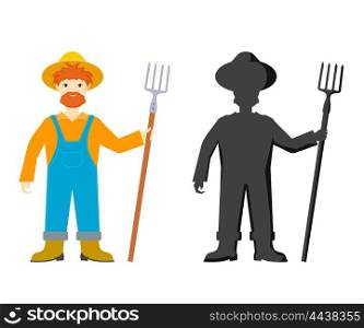 Cartoon farmer. Vector illustration of a cheerful farmer with a pitchfork on a white &#xA;background. Stock vector illustration