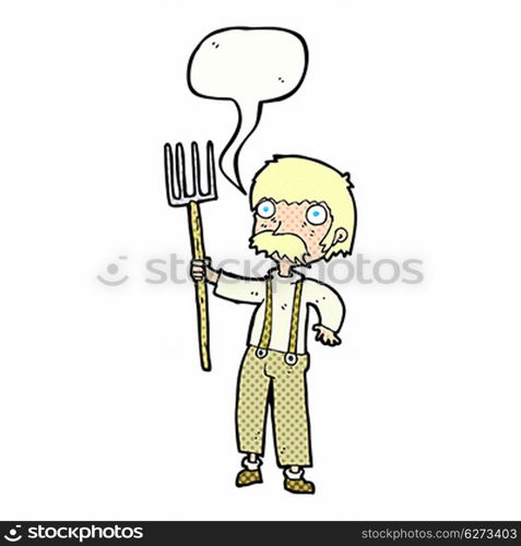 cartoon farmer with pitchfork with speech bubble