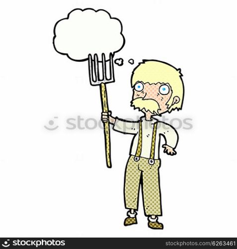 cartoon farmer with pitchfork with thought bubble