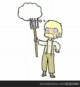 cartoon farmer with pitchfork with thought bubble