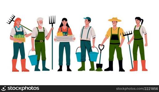 Cartoon farmers. Farm people characters standing together in garden. Men with shovels or rakes and buckets. Gardeners in working uniform. Vegetable crop. Vector background with agricultural workers. Cartoon farmers. People characters standing together in garden. Men with shovels or rakes and buckets. Gardeners in uniform. Vegetable crop. Vector background with agricultural workers
