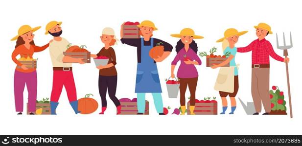 Cartoon farmers group. Farm family working, man woman agricultural workers. Garden community, agriculture harvesting vector . Illustration man cartoon, illustration of people cultivation natural food. Cartoon farmers group. Farm family working, man woman agricultural workers. Garden community, agriculture harvesting decent vector concept