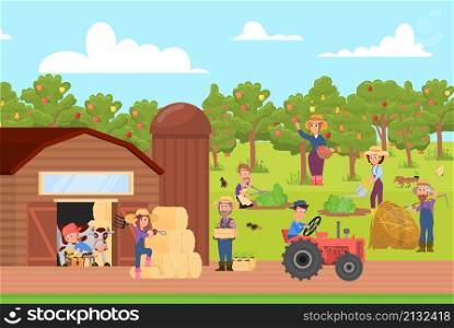 Cartoon farmers work on farm. Farmer on ground, natural market of fresh products. Agriculture, harvesting and gardening. Farming decent vector illustration. Agriculture nature, worker character. Cartoon farmers work on farm. Farmer on ground, natural market of fresh products. Agriculture, harvesting and gardening. Farming decent vector illustration