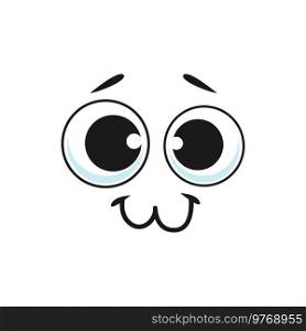 Cartoon fascinated smiling face with big eyes, isolated vector delighted smile facial emoji, funny kawaii character. Happy emotion, comic face with smiling mouth and round eyes with huge pupils. Cartoon fascinated smiling face with big eyes,
