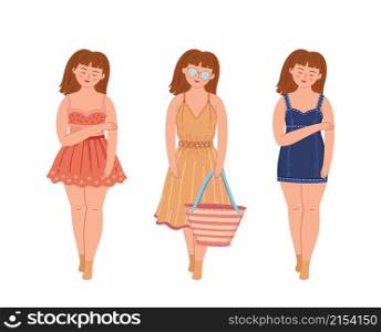 Cartoon fashion girl. Cute woman wear diverse dresses, female fashionable vector characters. Illustration woman young fashionable and trendy. Cartoon fashion girl. Cute woman wear diverse dresses, female fashionable vector characters
