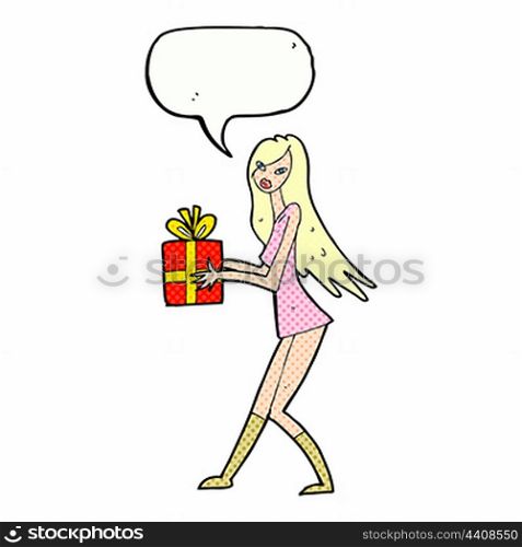 cartoon fashion girl with present with speech bubble