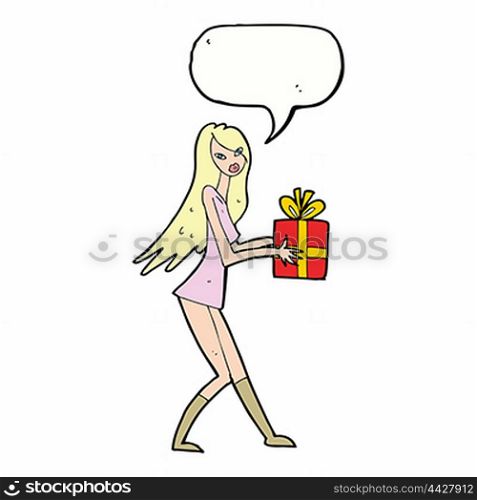 cartoon fashion girl with present with speech bubble