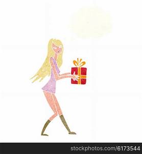 cartoon fashion girl with present with thought bubble