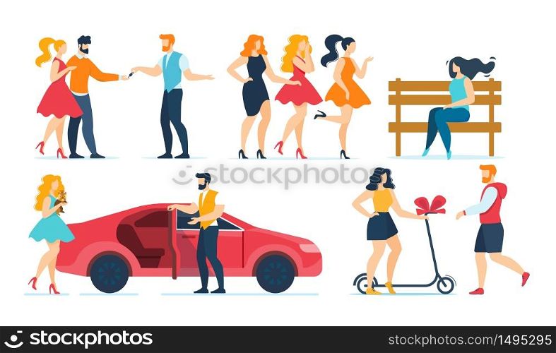 Cartoon Fashion People Characters Rest Flat Set. Female Friends, Rich Young Women with Dog Pet, Married Family Couple, Boyfriend and Girlfriend. Car and Male Valet Parking. Vector Illustration. Cartoon Fashion People Characters Rest Flat Set