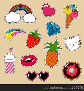 Cartoon fashionable vector girl patches collection. Ice cream, cupcake, pineapple and pussy cat icons. Sticker patch cartoon, fashion badge fruit and diamond illustration. Cartoon fashionable vector girl patches collection. Ice cream, cupcake, pineapple and pussy cat icons