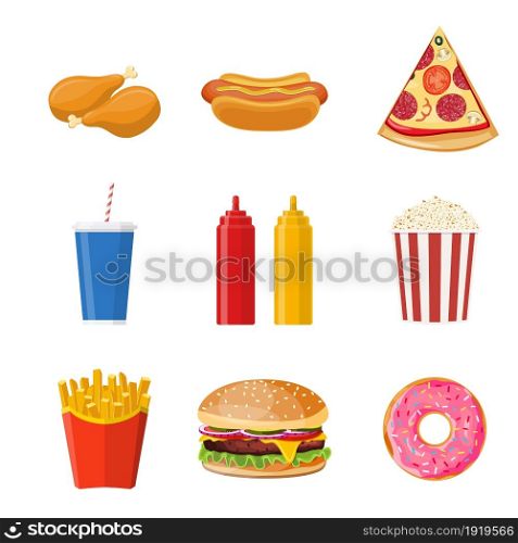 Cartoon fast food, burger, drink, chicken , hotdog set. Collection of fast food pizza and hamburger, donut, popcorn. Vector illustration in flat style. Cartoon fast food,