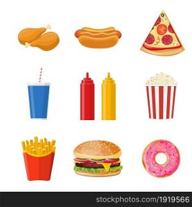 Cartoon fast food, burger, drink, chicken , hotdog set. Collection of fast food pizza and hamburger, donut, popcorn. Vector illustration in flat style. Cartoon fast food,